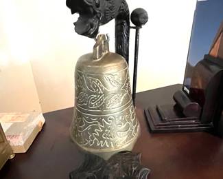 Antique Wood Frame Brass Temple Bell 10” 