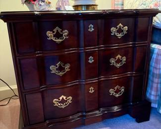 Henredon's Folio Fourteen night stand chest, Royal Doulton figurine Dinky Do, Royal Doulton figurine Monica, Porcelain ivory Lenox lamps
