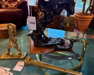 Antique fire hose nozzle,  Brass Hessian soldier doorstop, Frederic Remington 