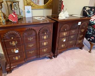 Floral upholstered wing back chairs, Mahogany four-drawer chest (1), Mahogany four-drawer chest (2)
