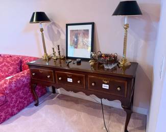 Queen Anne style entry table/chest, Baldwin brass wall sconce, Waterford crystal Christmas tree dish, table lamps