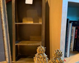 Pair of brass pineapple bookends, Brass shelf unit
