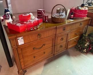 Vintage Christmas decorations, Santa heads,Henredon Regency style dresser
