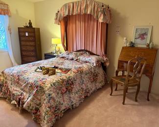 Antique inlay secretary desk, Vintage full half tester bed frame, full mattress & boxspring, Gilt Buddha, Henredon lingerie chest