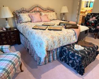 Pink and green plaid headboard,  Stearns & Foster king size mattress, Floral upholstered wing back chairs
