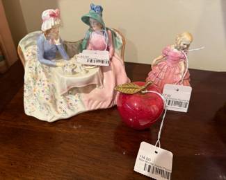 Royal Doulton figurine Afternoon Tea, Royal Doulton figurine Rose, Red marble apple paperweight

