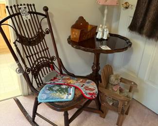 Victorian bent wood rocking chair with cane seat - as is, Drexel piecrust table