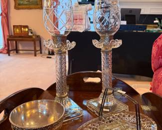 Pair of large cut crystal mantle/boudoir hurricane lamps with drop crystals, Corbell & Co. silver plate ram's head footed bowl