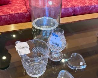 Waterford Colleen pitcher, Waterford small hurricane candle holder, Glass candle holder centerpiece