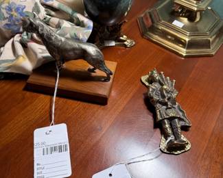 German shepherd metal casting, Brass bagpiper door knocker, Large marble egg on brass cherubs stand