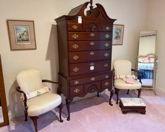 Queen Anne high boy dresser, Cherry arm chair Queen Anne style, Hollywood Regency style cheval mirror