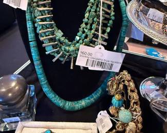 Sterling and turquoise layered necklace, Sterling Cleopatra-style necklace