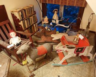 1900's -1920s WOOD RIDING HORSES AND STRAW SUFFED RIDING HORSE..1940s ALL RESTORED BLUE METAL CHILDs STROLLER