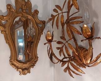 HEAVY BRASS MIRROR & 1960s LIGHTED  ITALIAN LEAF LIGHT SCONSE