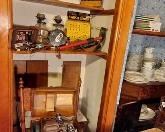 OLD WATCHMEN CLOCK W/ KEYS-AUTO STATION SIGNS- WOOD POLICE STICK ON LEATHER POLICE BELT-OLD PROJECTOR- WOOD TOOL MOLD- 