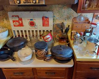 OLD STEEL LUCKY STRIPE CIGARETTE HOLDER,SOME OLD GRISWOLD IRON POTS-