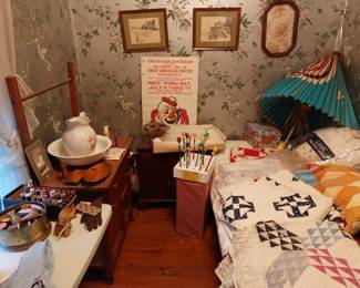 CIRCUS WOOD CANES-OLD QUILTS-LG. JAPAN PAPER HAND PAINTED  UMBRELLA-- WASH STAND