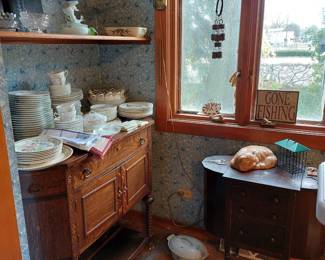 MARTHA WASHINGTON SEWING CABINET..BLUE ART GLASS LG. DISH