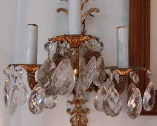 PAIR OF LIGHRED 1960s , MADE IN SPAIN ,ALL BRASS AND LG. CRYSTAL PRISMS