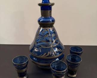 16 VintageCobaltBlueDecanterStopperWithSilverOverlay4Cordials