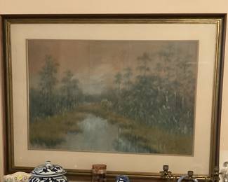 A.J.Drysdale oil pastel painting framed under glass