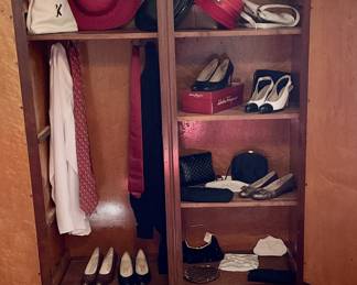 Armoire with designer Salvador Ferragamo shoes, heels and designer purses