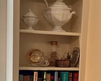 Books, white stoneware servers