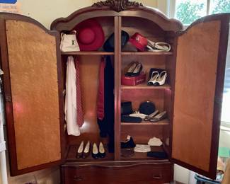 Armoire, designer shoes and purses