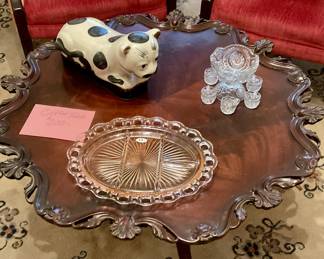 Pink depression glass, child’s punch bowl set, cat figure