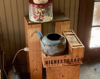 Wooden boxes, iron tea kettle