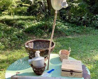 Tiki torches, folding round table, farm implements