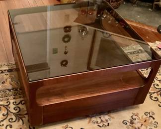 Walnut and smoked glass cocktail table, Mid Century modern table
