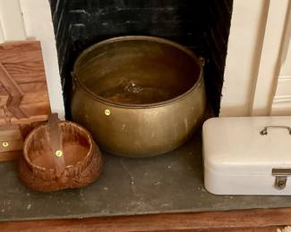 Art piece, basket, large copper pot, safe box
