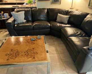 Beautiful High Quality Leather Sectional Couch;  MCM Milo Baughman Burl Wood Square Coffee Table in foreground not part of the sale;