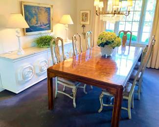 Drexel Heritage Burl Wood Sketchbook Dining Table (8' Table w/ two 22" leafs and pads) *Chairs, white marbletop buffet and lamps removed from the sale 