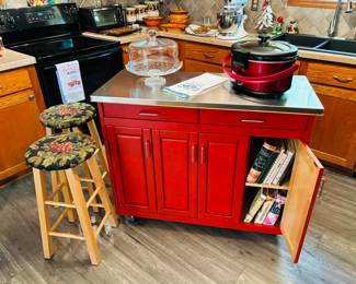 Rolling kitchen island with stainless drop-leaf top...