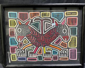 Framed Colorful Mola Handstitched Textile Art