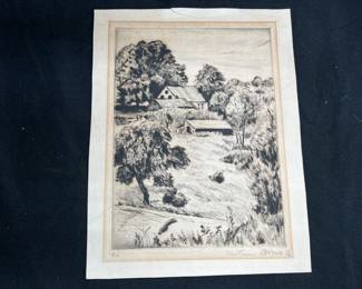 Dry point Etching Forest Cabin by Mortimer Borne
