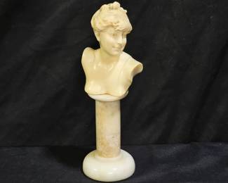 Smiling Lady Bust Bone Carving on Marble Pedestal