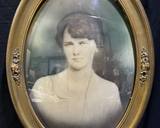 Antique Convex Glass Frame Portrait of Woman