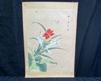  VTG Asian painted Silk Flowers & Insects