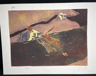 Matted Linoleum Print in Oil Signed KP
