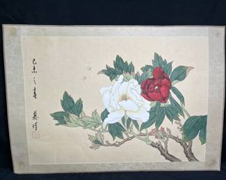 VTG Asian painted Silk Peonies & Bees
