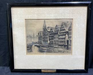 1934 Signed Etching St Nicholai Hamburg Germany