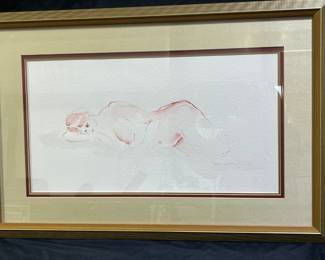 Framed & Triple Matted Watercolor Reclining Nude