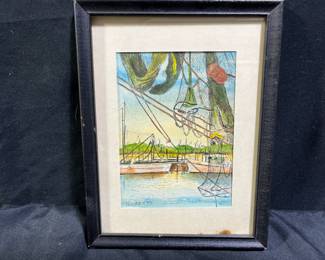 Framed Watercolor Fishing Harbor Scene by Roberts
