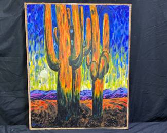 Colorful Framed "Saguaro Cactus" Oil Painting