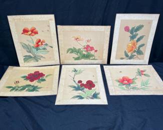 6 Vintage Asian Silk Painted Wall Hangings