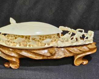 Chinese Carved Bone Clam Shell on Wooden Stand