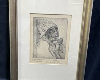 Framed Lithograph Woman Praying 5/25 Hal Bandion